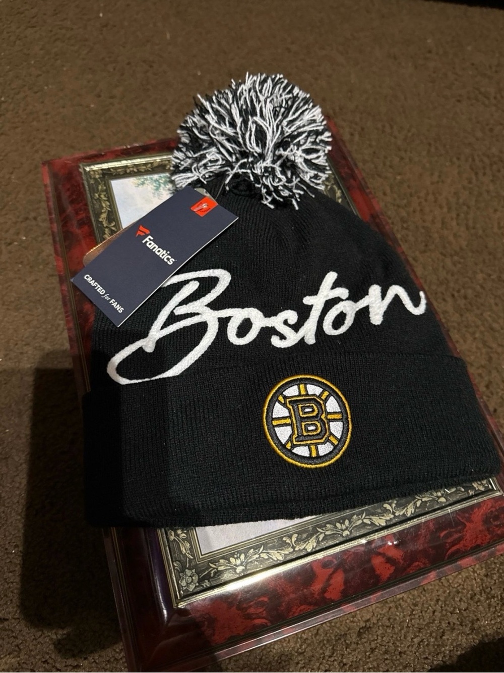 Fanatics Black Boston Script Pom Knit Hat with Bruins Logo